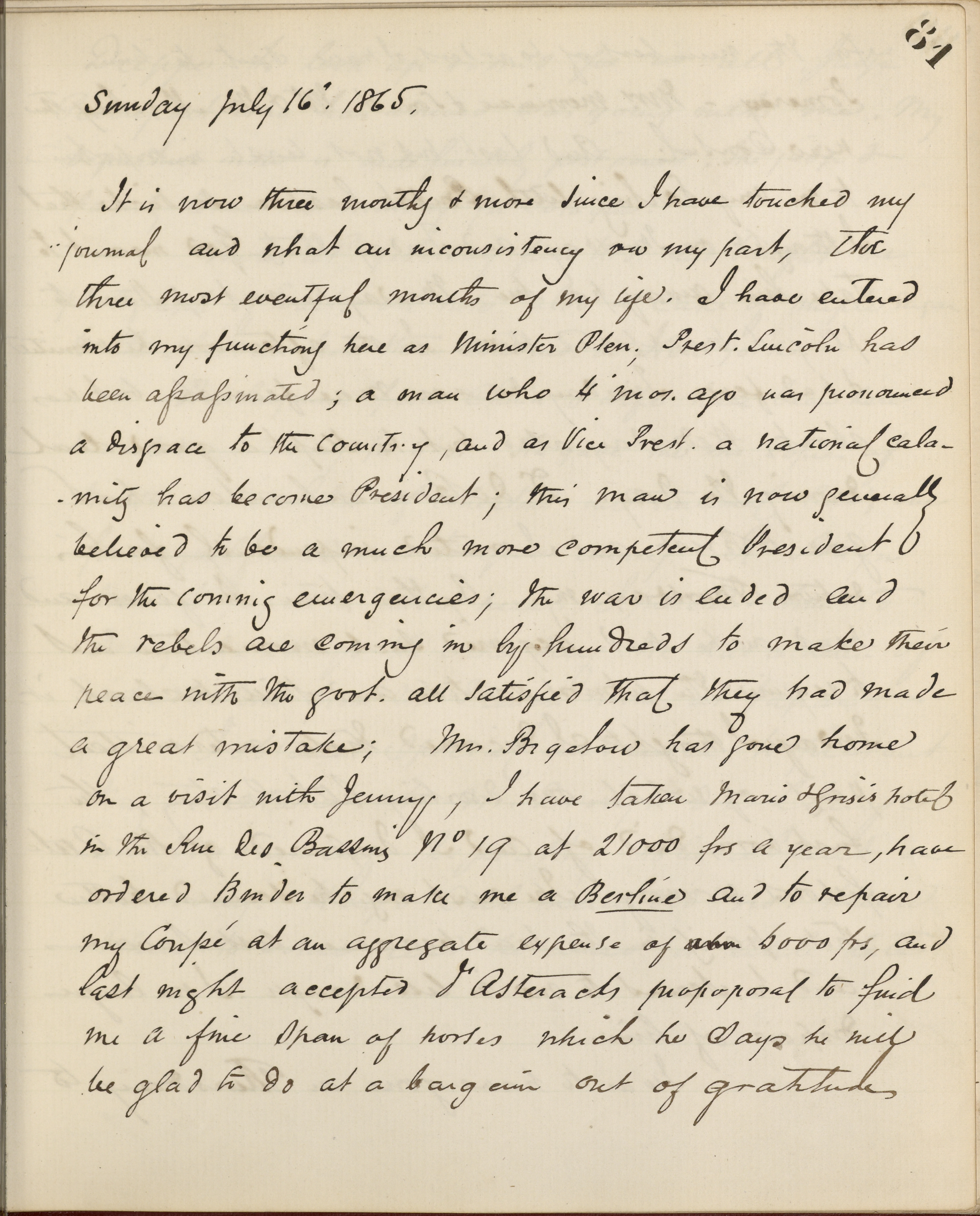 John Bigelow Diary Entry Remembering Lincoln